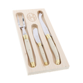 Jean Dubost three-piece cheese set with ivory handles and brass-colored caps