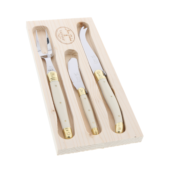 Jean Dubost three-piece cheese set with ivory handles and brass-colored caps