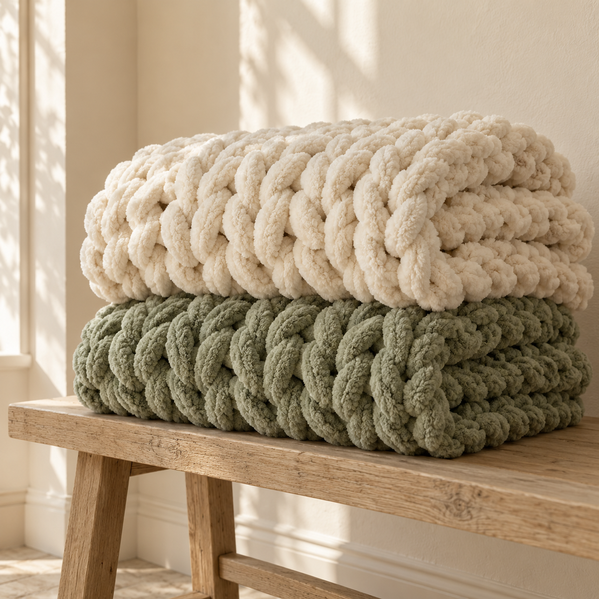 AI-generated concept of cream and sage chunky chenille blankets; finished items may differ
