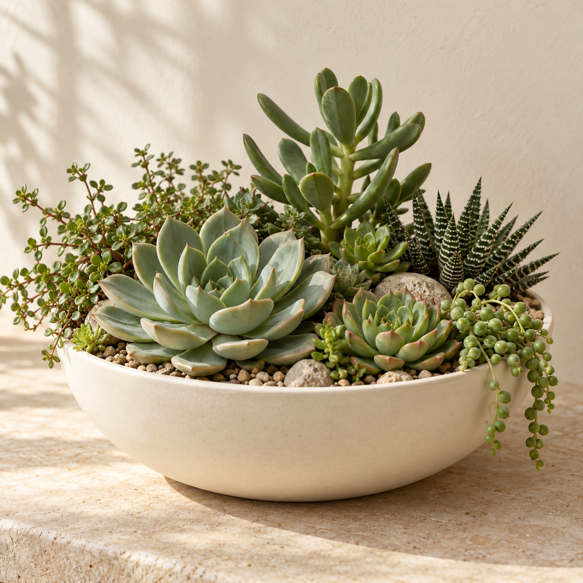 AI-generated concept of a handmade succulent garden; actual plants and container will vary