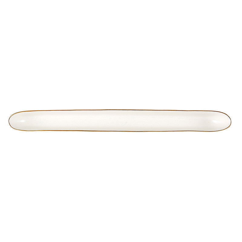 Santa Barbara Design Studio white ceramic olive boat with gold rim